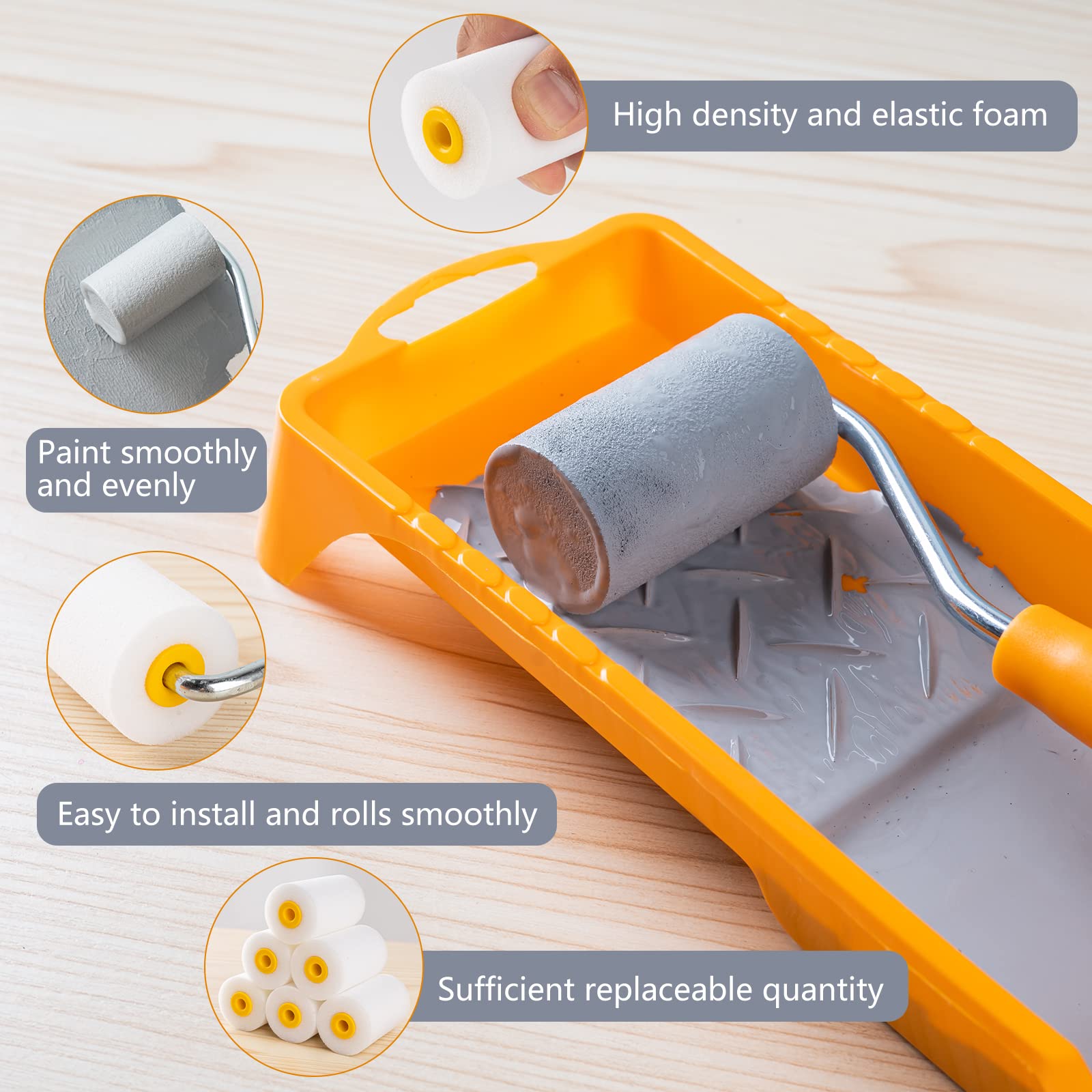 Mister Rui 2 Inch Mini Flat End Foam Paint Roller Kit - 9 Pack