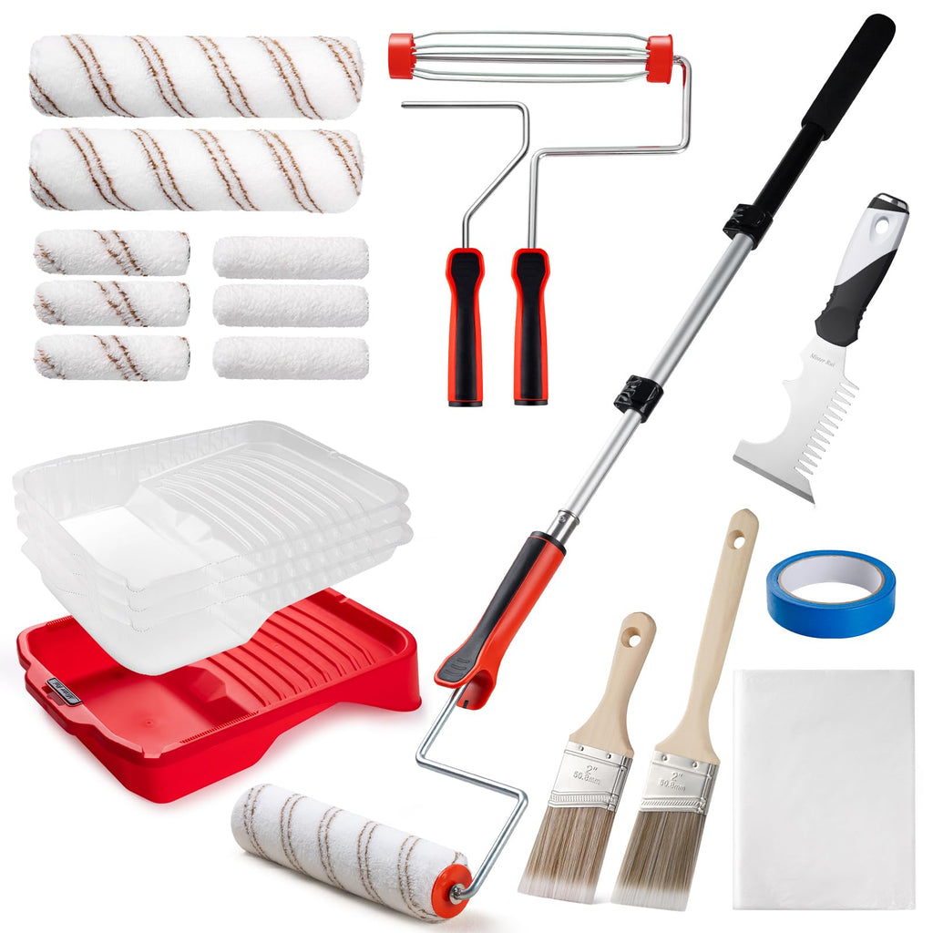 Mister Rui 20-Piece 9" Paint Roller Kit with 3-Ft Extension Pole, Tray, Liners, Frames, Covers, Brushes, Tape & Drop Cloth, Interior Wall and Ceiling Painting Set