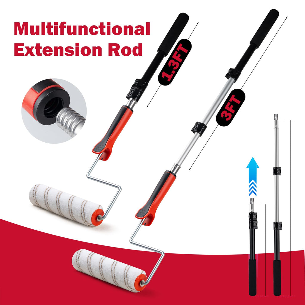 Mister Rui 20-Piece 9" Paint Roller Kit with 3-Ft Extension Pole, Tray, Liners, Frames, Covers, Brushes, Tape & Drop Cloth, Interior Wall and Ceiling Painting Set