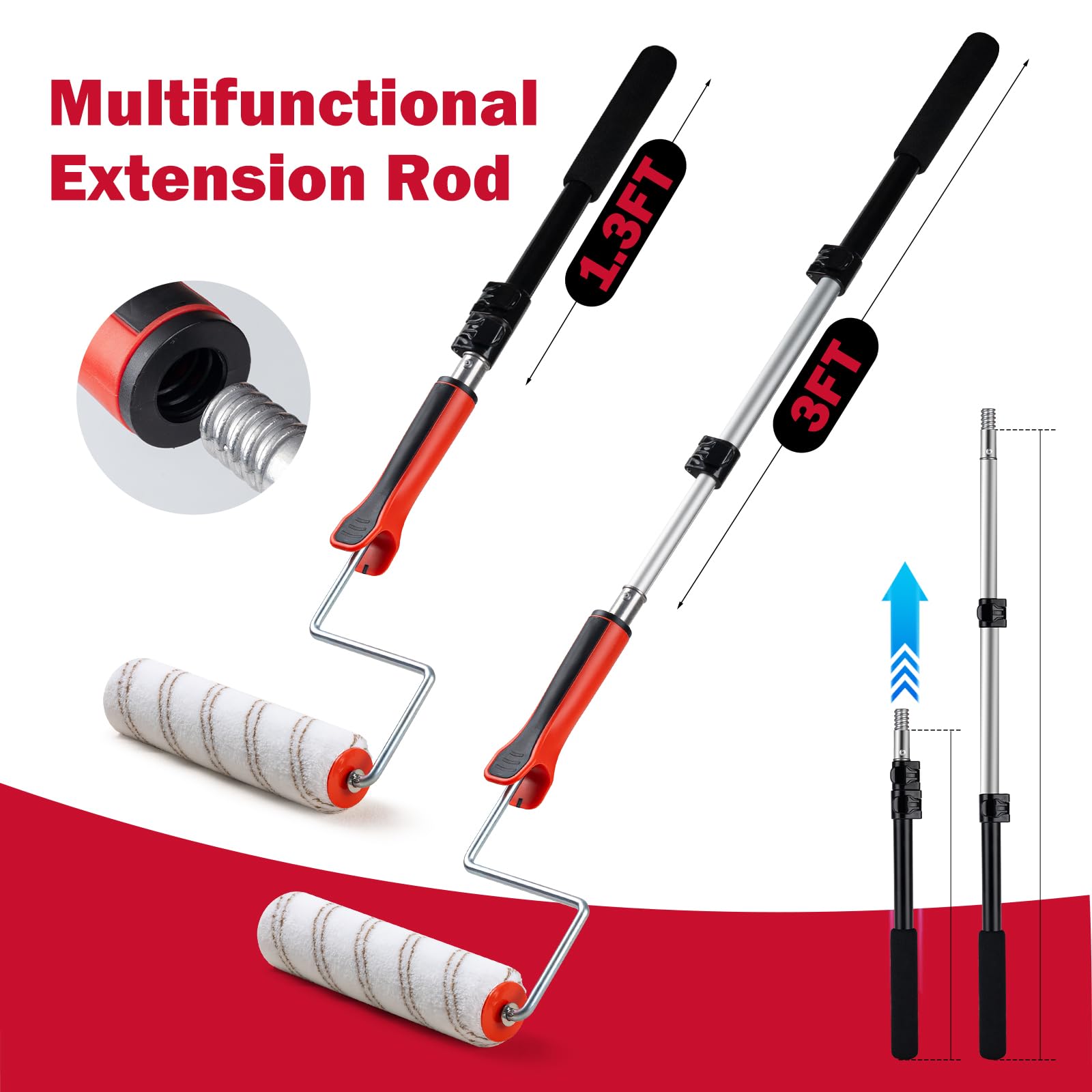 Mister Rui 20-Piece 9" Paint Roller Kit with 3-Ft Extension Pole, Tray, Liners, Frames, Covers, Brushes, Tape & Drop Cloth, Interior Wall and Ceiling Painting Set