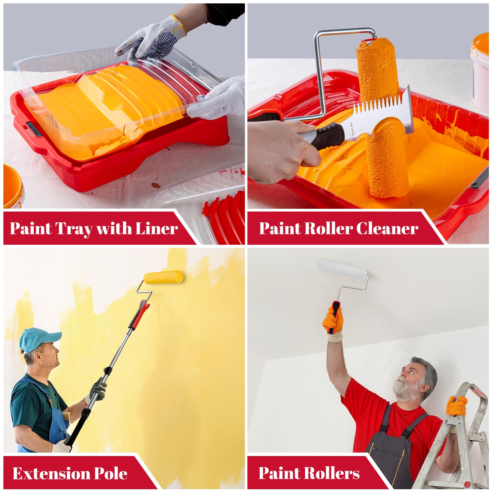 Mister Rui 20-Piece 9" Paint Roller Kit with 3-Ft Extension Pole, Tray, Liners, Frames, Covers, Brushes, Tape & Drop Cloth, Interior Wall and Ceiling Painting Set