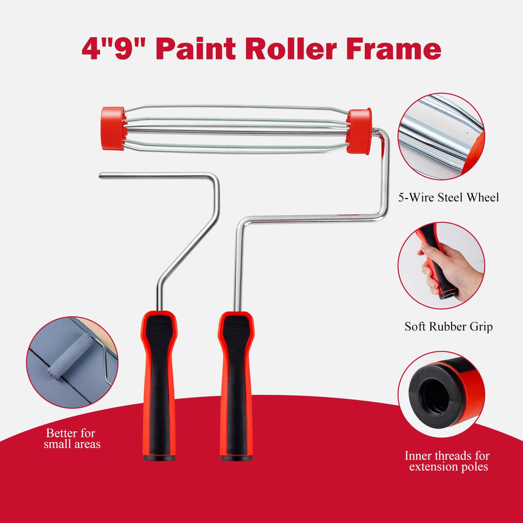 Mister Rui 20-Piece 9" Paint Roller Kit with 3-Ft Extension Pole, Tray, Liners, Frames, Covers, Brushes, Tape & Drop Cloth, Interior Wall and Ceiling Painting Set