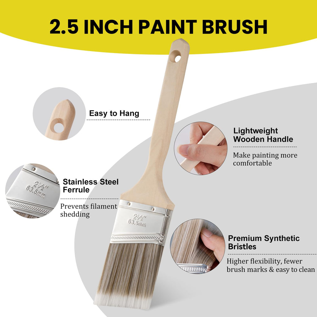 Mister Rui 2.5 Inch Angled Paint Brush Main-03 2.5" paint brush features: easy to hang, stainless steel ferrule, lightweight wooden handle, premium synthetic bristles
