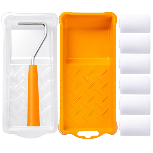 Mister Rui 2 Inch Mini Flat End Foam Paint Roller Kit - 9 Pack main-1  Paint tray set display: 6 pcs 2-inch paint roller, a 2-inch paint roller frame, a 2-inch paint tray with a liner
