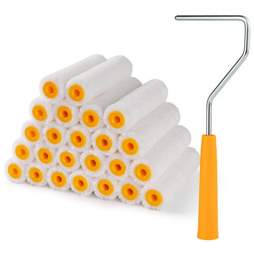 Mister Rui 4 Inch 6mm Nap Yellow Microfiber Paint Roller Cover Main-01 - 4" yellow handle paint roller frame and 24 yellow port microfiber paint rollers