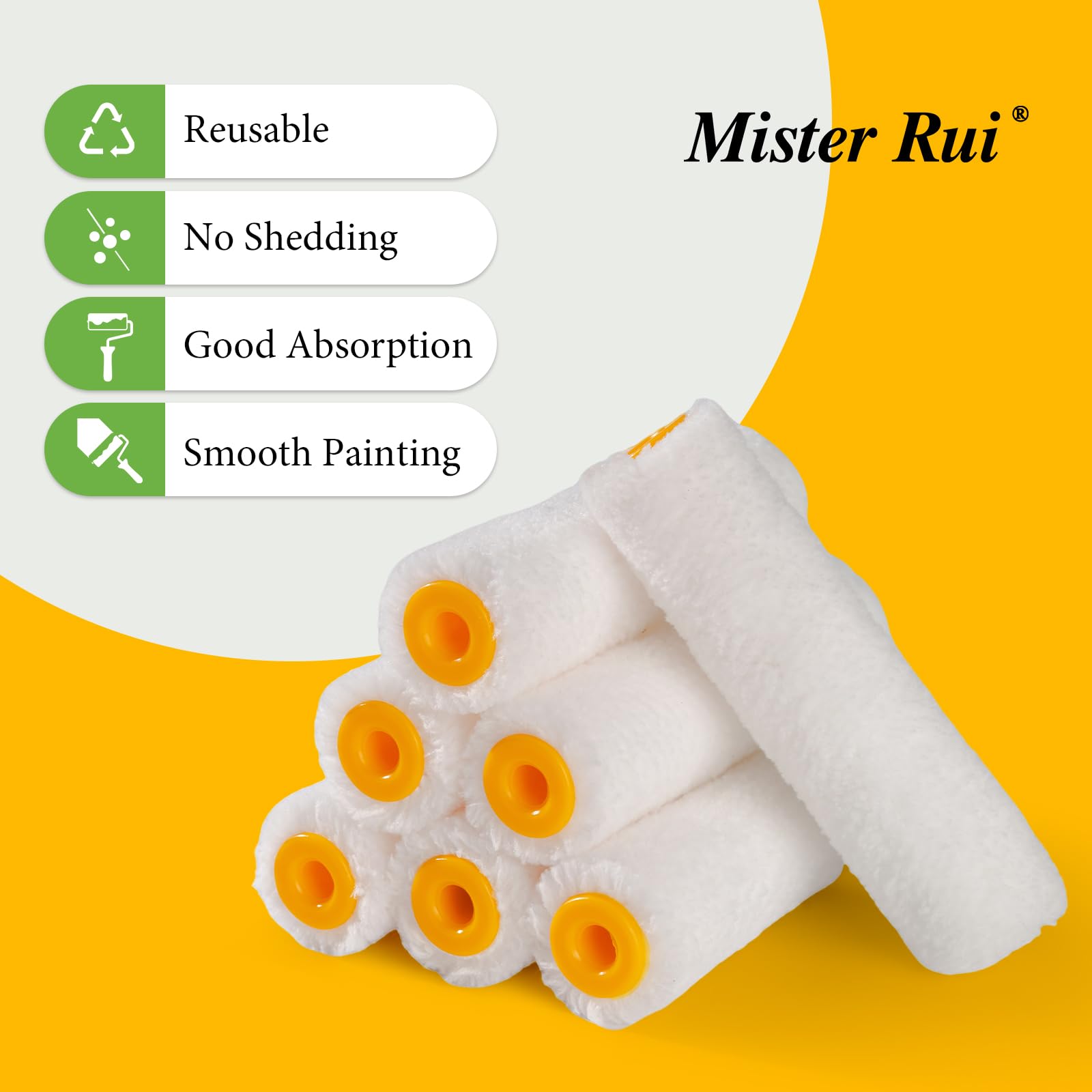 Mister Rui 4 Inch 6mm Nap Yellow Microfiber Paint Roller Cover Set Main-08 paint roller cover functional description: reusable, no shedding, good absorption, smooth painting