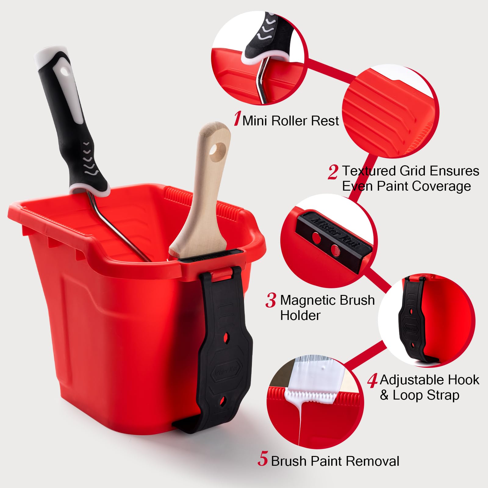 Mister Rui 4" RedPro Paint Bucket with Liner & Lid Main-02- This paint bucket features five functions: 1. roller rest, 2. textured grid ensures even paint coverage, 3. magnetic brush holder, 4. adjustable hook & loop strap, 5. brush paint removal