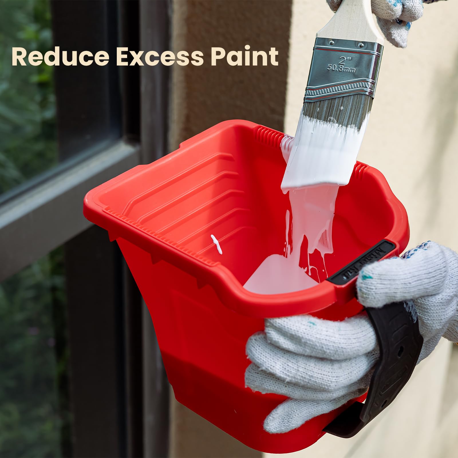 Mister Rui 4" RedPro Paint Bucket with Liner & Lid Main-05 -Paint brush covered in paint and using paint remover tool in paint bucket to remove excess paint