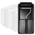 Mister Rui 5.9" Black Paint Tray Liner Set with 4" Paint Roller Frame Main 02 A black paint tray for a 4-inch paint roller, 20 matching tray liners, and a 4-inch paint roller frame