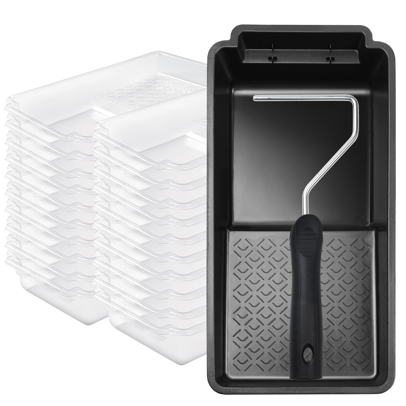 Mister Rui 5.9" Black Paint Tray Liner Set with 4" Paint Roller Frame Main 02 A black paint tray for a 4-inch paint roller, 20 matching tray liners, and a 4-inch paint roller frame