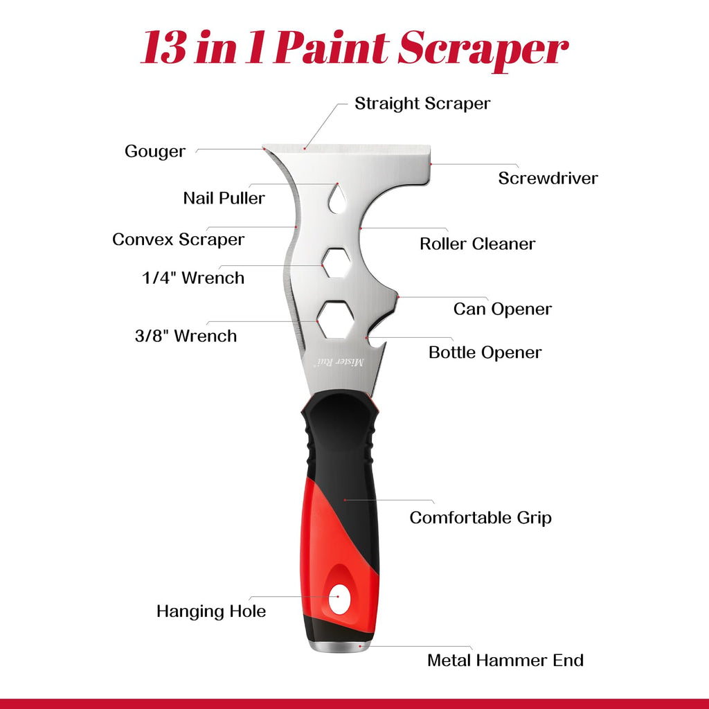 Mister Rui Multi Fuctional 13-in-1 Stainless Steel Putty Knife Main-03 13-in-1 function display: straight scraper, screwdriver, roller cleaner, can opener, bottle opener,comfortable grip, metal hammer end, hanging hole, 3/8“wrench, 1/4"wrench, convex scraper, nail puller, gouger