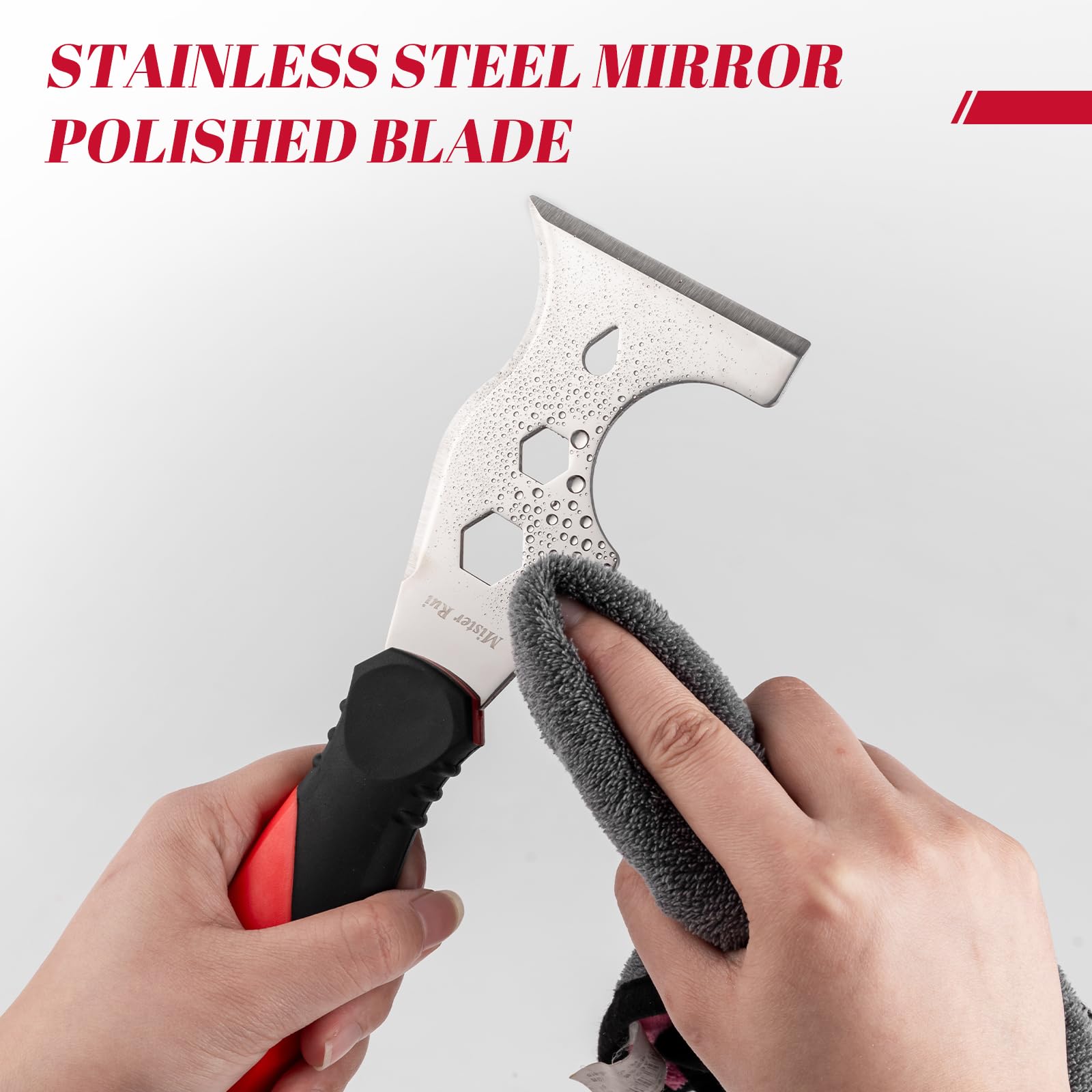 Mister Rui Multi Fuctional 13-in-1 Stainless Steel Putty Knife Main-04 Use a towel to wipe off the water on the stainless steel mirror blade