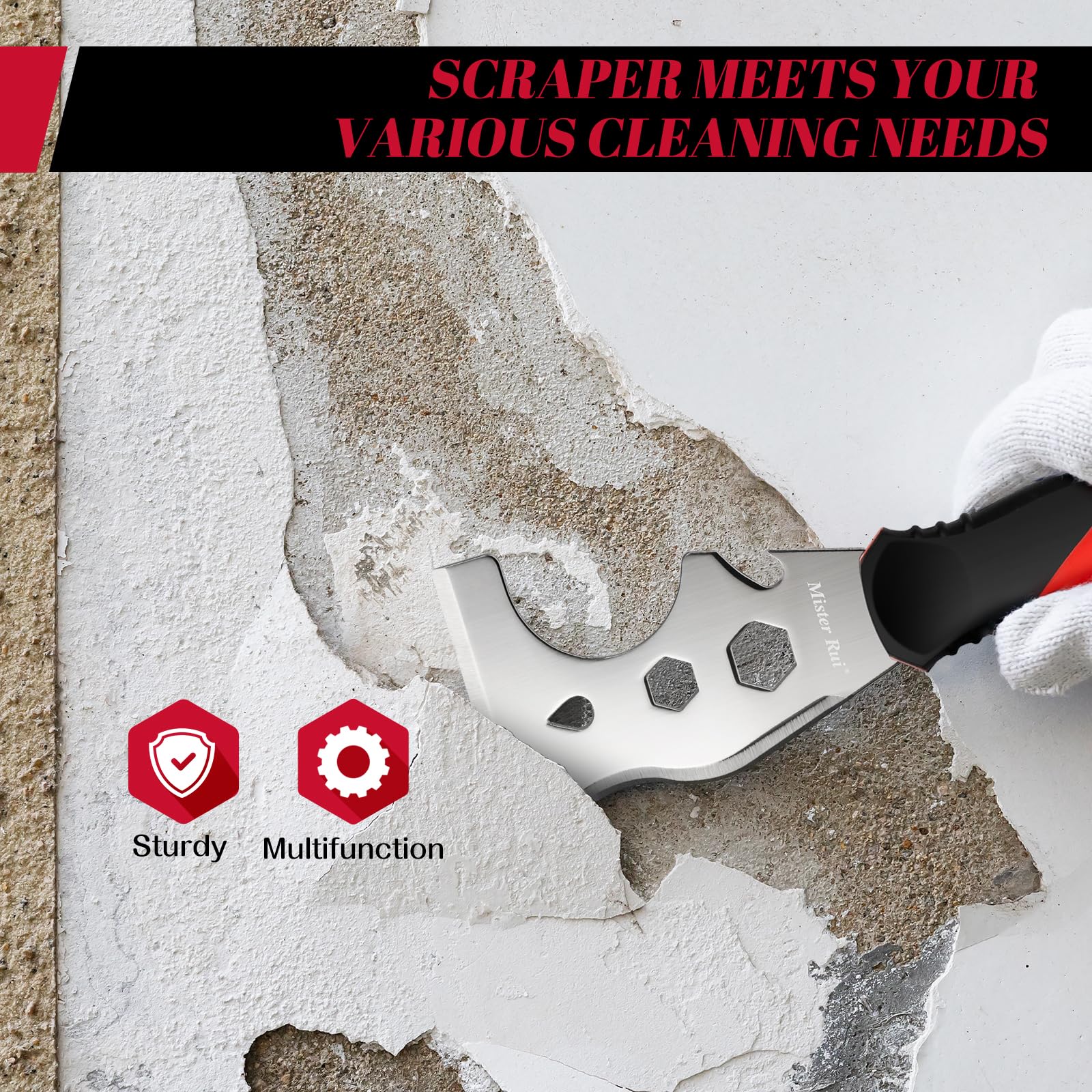Mister Rui Multi Fuctional 13-in-1 Stainless Steel Putty Knife Main-07 Use the blade of the top scraper to scrape off the peeling wall