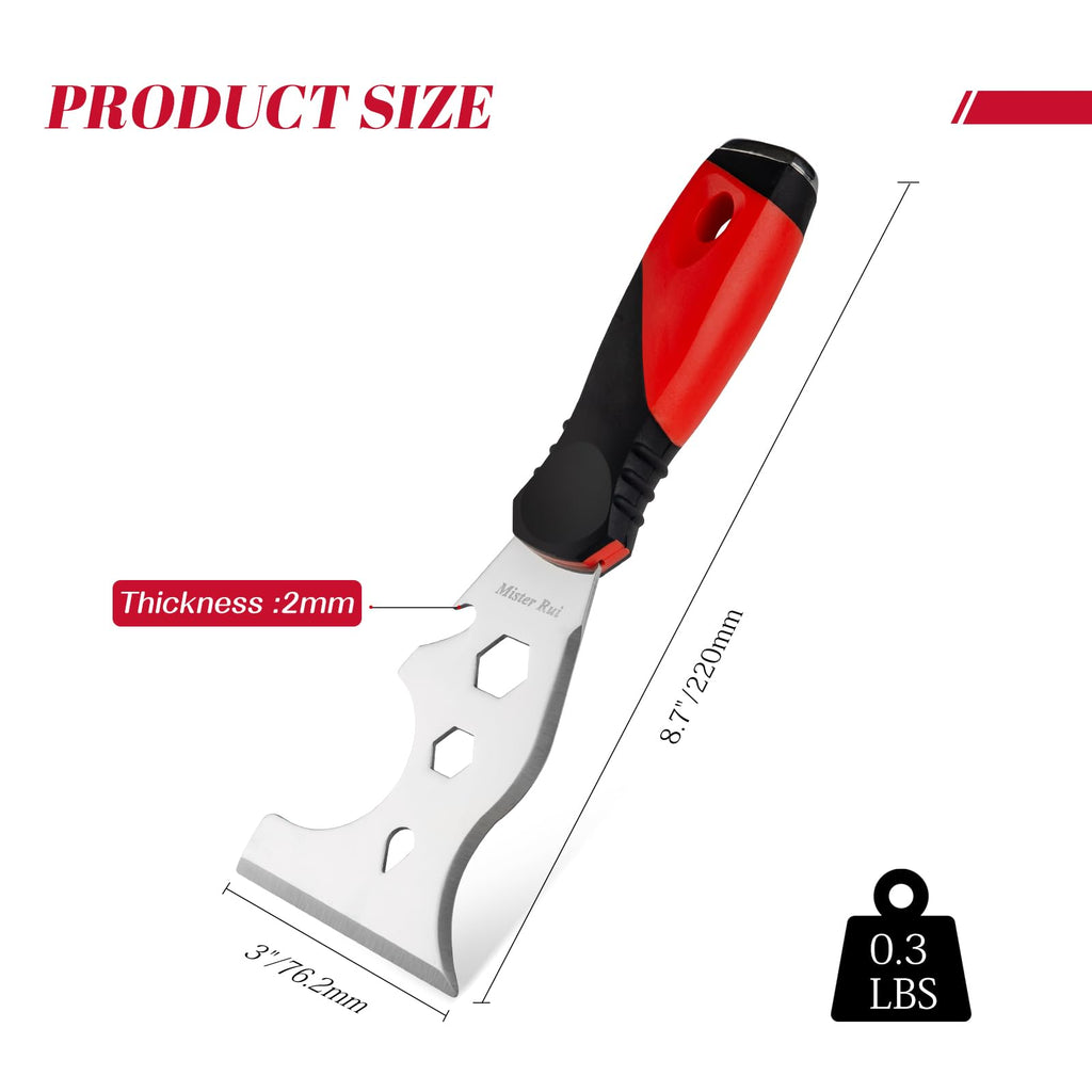 Mister Rui Multi Fuctional 13-in-1 Stainless Steel Putty Knife Main-08 Product size: 8.7"/220mm long, 3"/76.2mm wide, 2mm thick, weight 0.3LBS