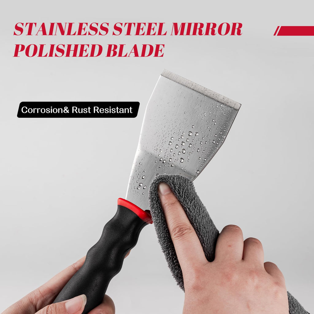 Mister Rui Stainless Steel 3 Inch Bent Heavy Duty Scraper Main-03 Wipe the water off the mirror-polished stainless steel blade with a towel, demonstrating its ability to resist rust and dust