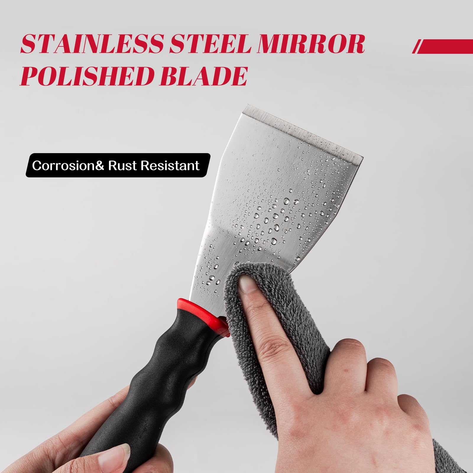 Mister Rui Stainless Steel 3 Inch Bent Heavy Duty Scraper Main-03 Wipe the water off the mirror-polished stainless steel blade with a towel, demonstrating its ability to resist rust and dust