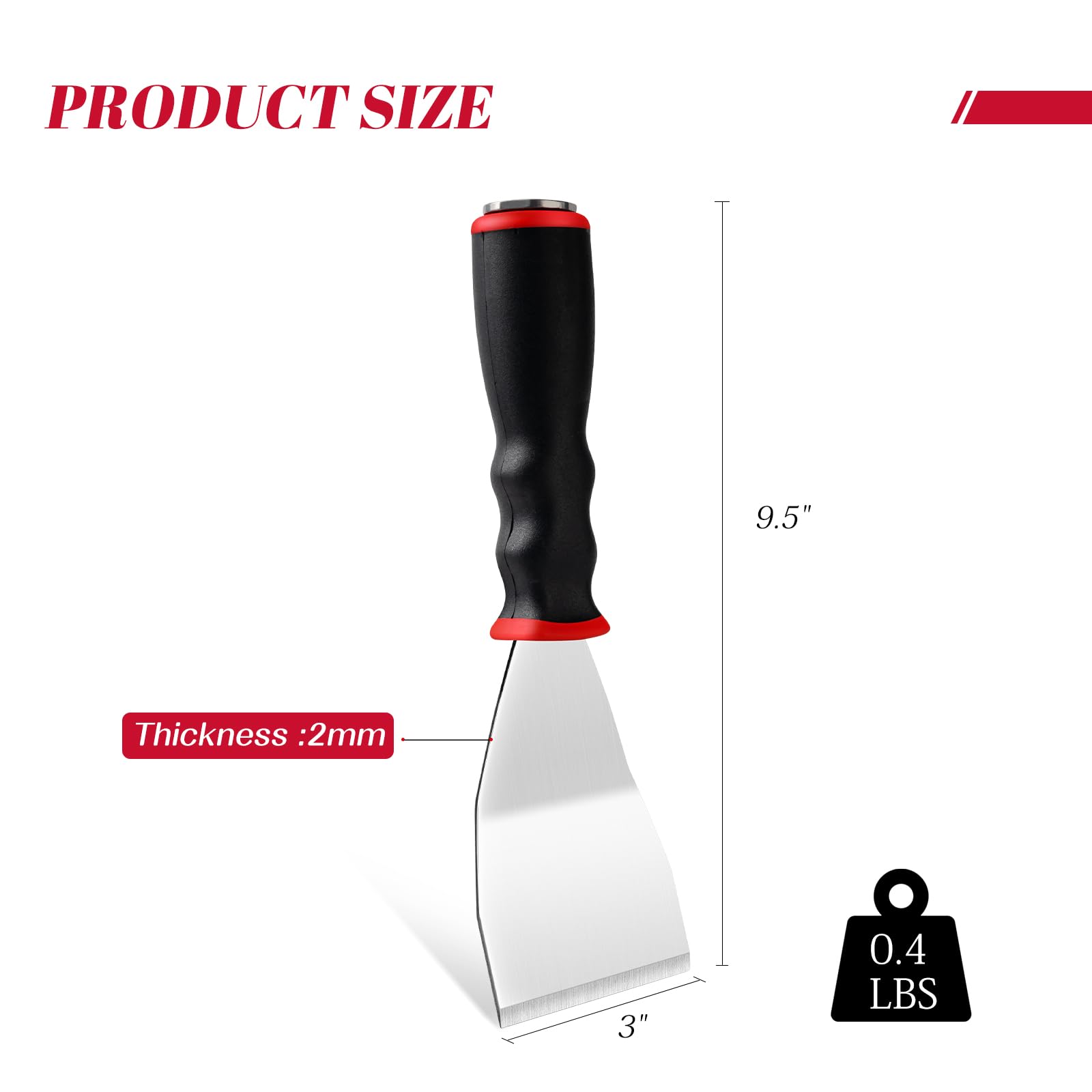 Mister Rui Stainless Steel 3 Inch Bent Heavy Duty Scraper Main-08 product size:9.5"*3"  thickness:2mm 0.4LBS