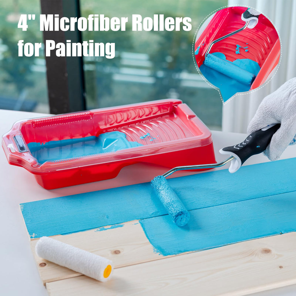 Mister Rui 4 Inch Paint Roller Kit, 12-Piece Mini Roller Set with 6 Microfiber Sleeves