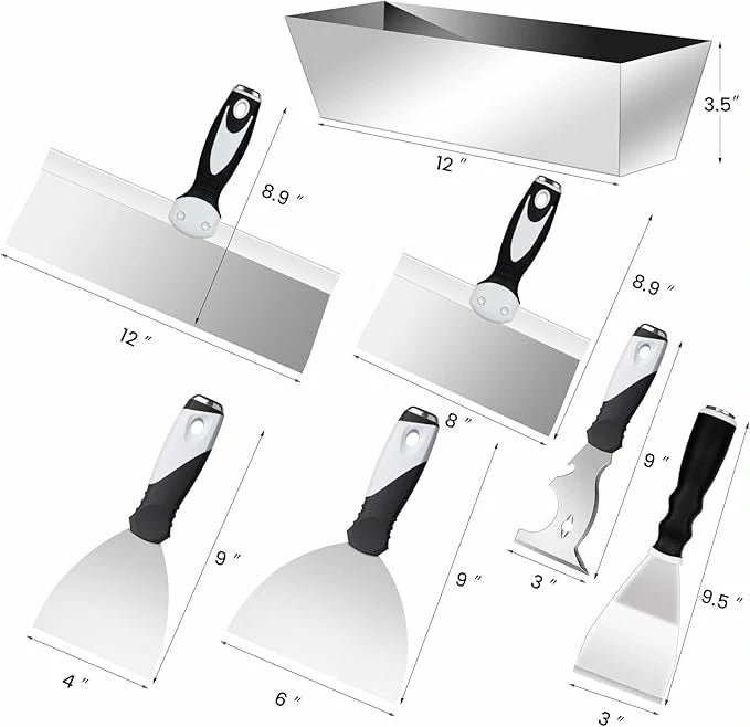 Mister Rui Stainless Steel Drywall Paint Scraper Putty Knife set with Mud Pan - 7PCS - MisterRui