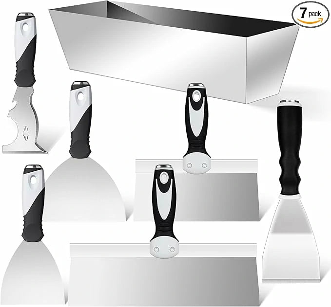 Mister Rui Stainless Steel Drywall Paint Scraper Putty Knife set with Mud Pan - 7PCS - MisterRui